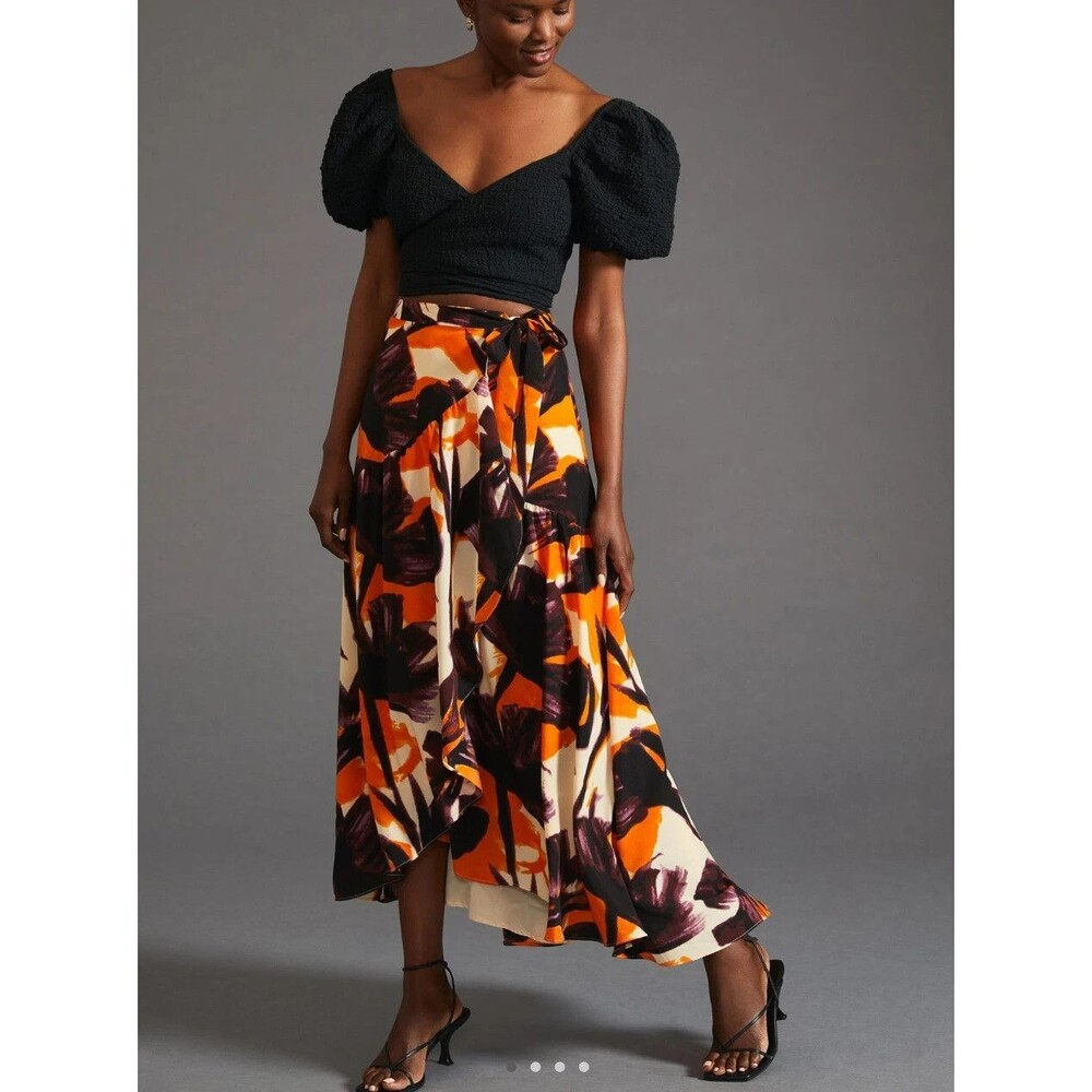 Anthropologie Hutch Wrap Maxi Skirt sz S Ruffle Purple Orange Floral Print BOHO